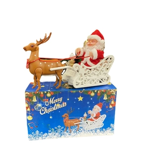 Electric Santa Claus on white sleigh with brown reindeer festive holiday toy ornament
