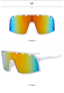 Front and 45-degree side views of white cycling sunglasses with colorful mirrored lenses