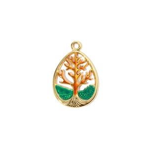 Detailed shot of tree of life gold pendant with green enamel and teardrop shape