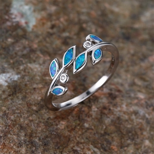 Olive Branch Leaf Ring Copper With Synthetic Opal And Zircon Inlay Elegant Jewelry For Women White Gold Plated