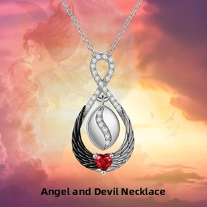 Angel and demon necklace with red heart stone and winged infinity pendant design