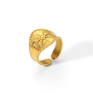 Detailed view of wide 18K gold plated stainless steel ring with radial star texture