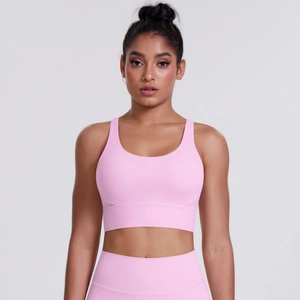 Front view of pink sports bra and high-waisted yoga leggings set for fitness