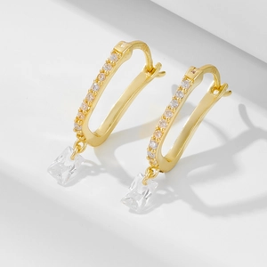 925 Sterling Silver U-Shape Rhinestone Hoop Earrings For Women Rectangular Pendant Gold Silver Fashion Commuter Jewelry