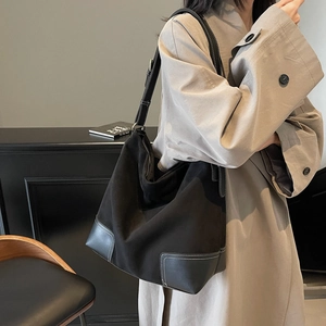 Large black suede hobo tote bag with PU leather patchwork and white stitching details