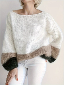 Women Color Block Pullover Sweater Chunky Knit Round Neck Long Sleeve Loose Fit Autumn Winter Warm Polyester