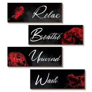 Set of 4 black wooden wall art plaques with red roses for bathroom wall decoration