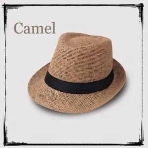 Detailed close-up of camel linen straw fedora hat featuring a classic black ribbon band