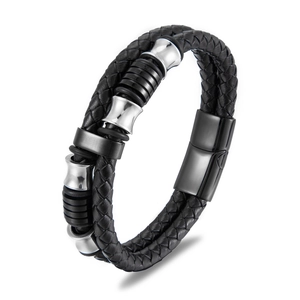 Men's multilayer braided black leather bracelet with silver accents and magnetic clasp