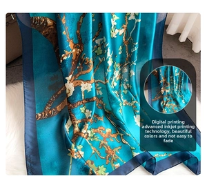 Detailed macro view of peacock blue silk scarf with almond blossom print on soft fur background