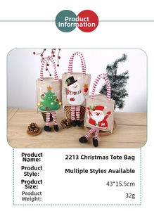 Detailed view of burlap Christmas bags with snowman designs and red striped dangling legs