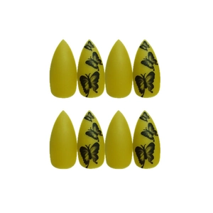 Matte yellow almond press-on nails with black butterfly patterns on white background
