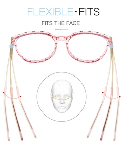 Dettaglio delle aste flessibili TR90 su occhiali rosa trasparenti per un fit perfetto