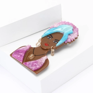 Artistic acrylic African woman brooch with purple marble hair and teal accents