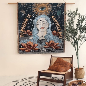 Bohemian woven cotton linen camping blanket with sun moon pattern and fringe details