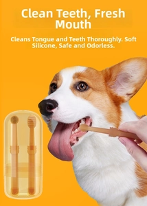 Detail of soft silicone pet finger toothbrush and case for cleaning dog teeth