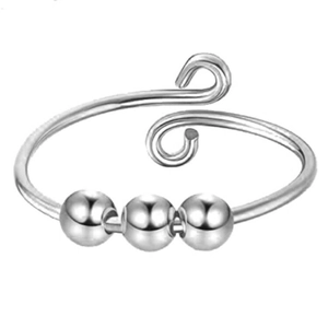 Adjustable stainless steel anxiety ring with three rotating silver beads for stress relief