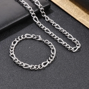 Detailed set of silver stainless steel curb chain necklace and bracelet with matte texture