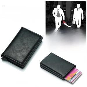 Slim black RFID blocking card holder showing card ejection and scanning protection details