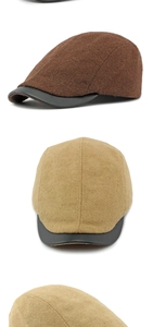 Close-up of wool flat cap with leather brim showing fabric texture and detail