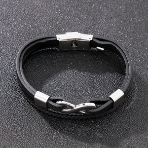Men's black braided leather infinity bracelet with stainless steel clasp and matte finish