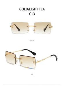 Front and side view of rimless rectangular sunglasses in gradient gold light tea tint