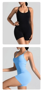 Detail of seamless athletic romper with thin straps and supportive fit in black and light blue