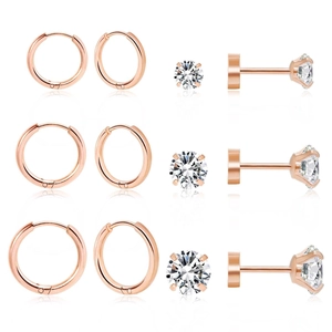 6 pairs of rose gold stud earrings set featuring zircon hoops and four-claw round studs
