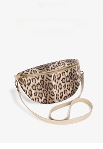 Detail of leopard print waist bag with gold zipper and beige strap on white background