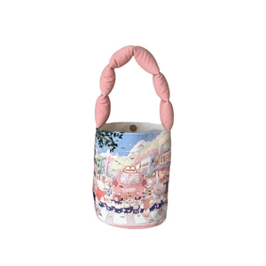 Cute Japanese style canvas bucket bag with cartoon street prints and pink puffed handles