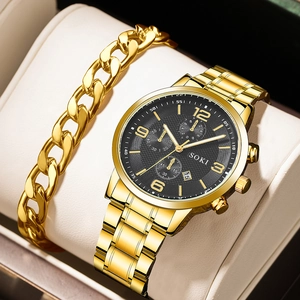 Golden SOKI men's business quartz watch with black dial and matching chain bracelet in box