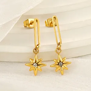 Eight Pointed Star Dangle Earrings Stainless Steel 18K Gold Plated Zircon Inlay French Vintage Style Jewelry Women