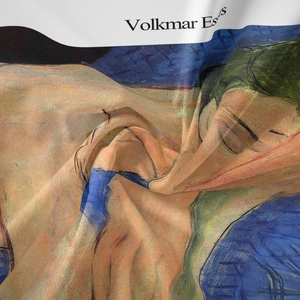 Detail of soft fabric tapestry showing expressive human portrait painting texture