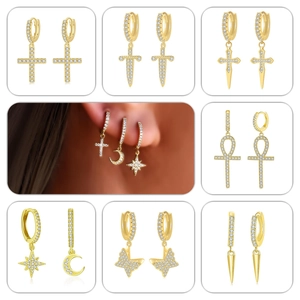 Huggie Hoop Earrings Copper Gold Plated Cubic Zirconia Cross Dagger Ankh Star Moon Butterfly Hip Hop Punk Jewelry Unisex