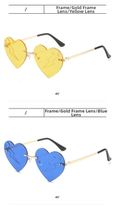 Detail view of heart-shaped rimless sunglasses with yellow and blue lenses and lightning accents