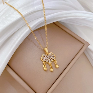 Luxurious gold titanium steel necklace featuring a diamond-encrusted Ruyi lock pendant