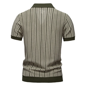 Detail of army green striped knit polo shirt showing fabric texture and back construction