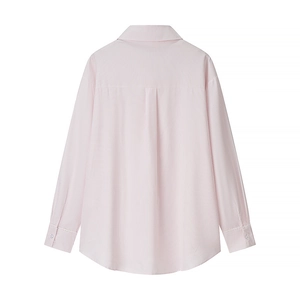 Rear view of pink striped long sleeve shirt with classic point collar and cuff detail