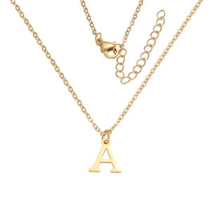 Golden stainless steel necklace featuring an A-Z initial A pendant with adjustable chain
