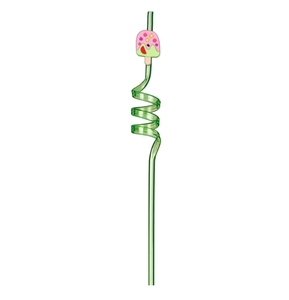Detail of green spiral plastic straw with a cute pink cartoon ice cream charm