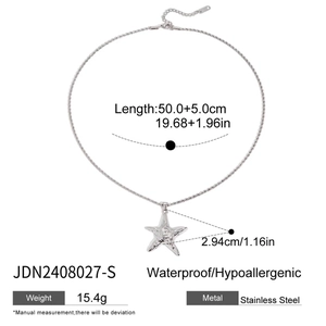Detailed view of silver stainless steel starfish pendant necklace with size specifications