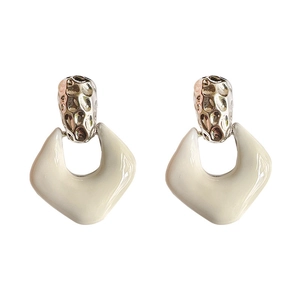 Vintage geometric hollow round square earrings with cream resin and textured metal design