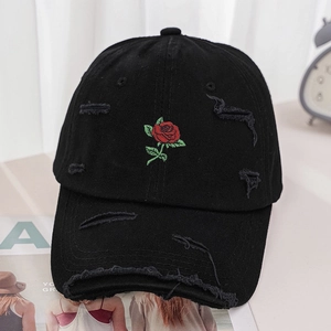 Distressed Baseball Cap Rose Embroidery Ripped Vintage Cotton Adjustable Outdoor Sun Hat Streetwear Hip Hop For Men Women