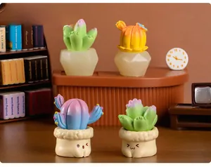 Macro shot of creative miniature succulent figurines with cute expressions on small desks