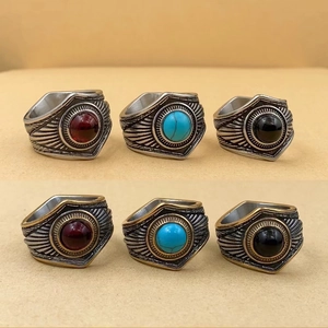 Bague Homme Vintage En Acier Inoxydable Style Indien Pierre Turquoise Motif Plume Sculptée Bijoux Hip Hop Punk