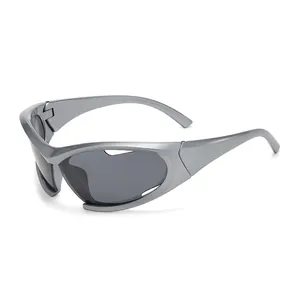 Y2K sporty silver cycling sunglasses with futuristic wraparound frame and gray lenses