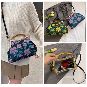 Detail view of embroidered qipao handbag with floral patterns and wooden handle