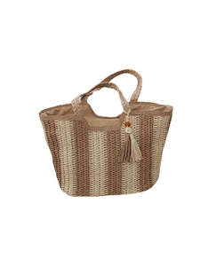 Vertical striped straw tote bag in beige and brown with tassel and beaded charm