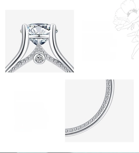 Detail of 925 sterling silver ring with 5A cubic zirconia and milgrain side stones