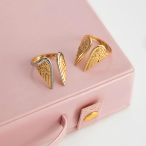 Angel Wing Open Ring 18K Gold Plated Stainless Steel Adjustable Waterproof Hypoallergenic Fashion Jewelry Women Men